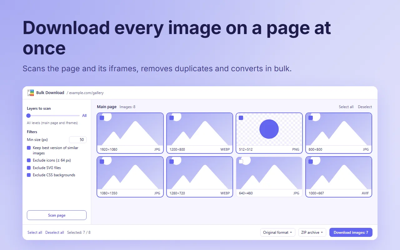 Bulk Download page of Save Image As with filters and a grid of images found on the page
