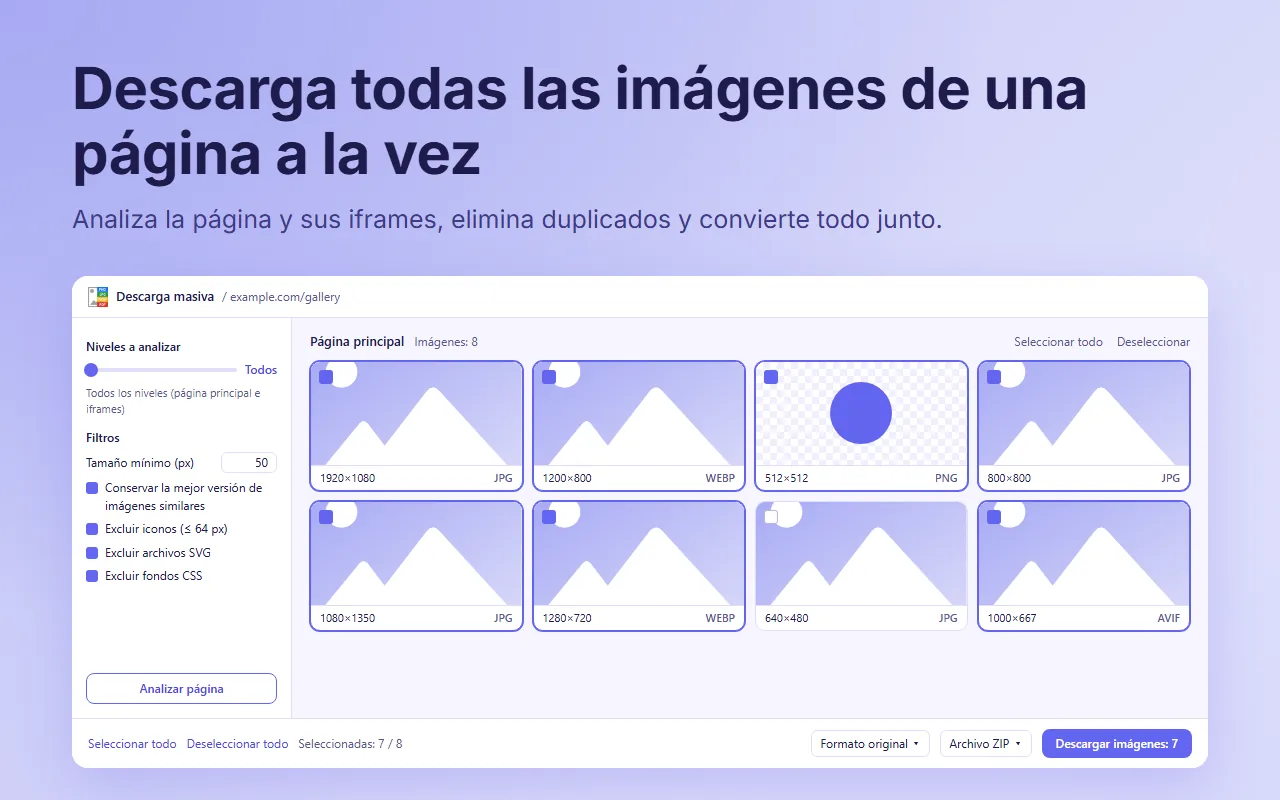 Página de descarga masiva de Guardar imagen como, con los filtros y la cuadrícula de imágenes encontradas en la página