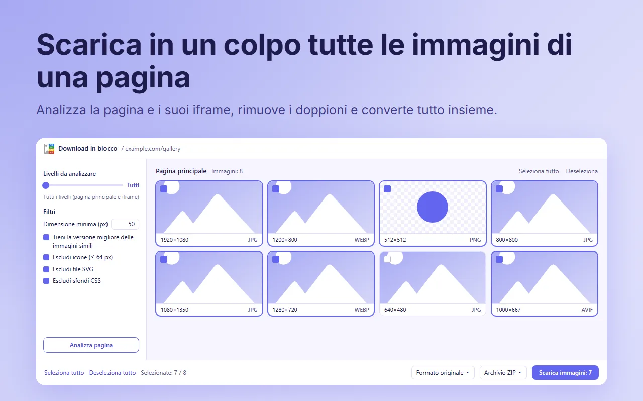 Pagina Download in blocco di Salva immagine come, con i filtri e la griglia delle immagini trovate nella pagina